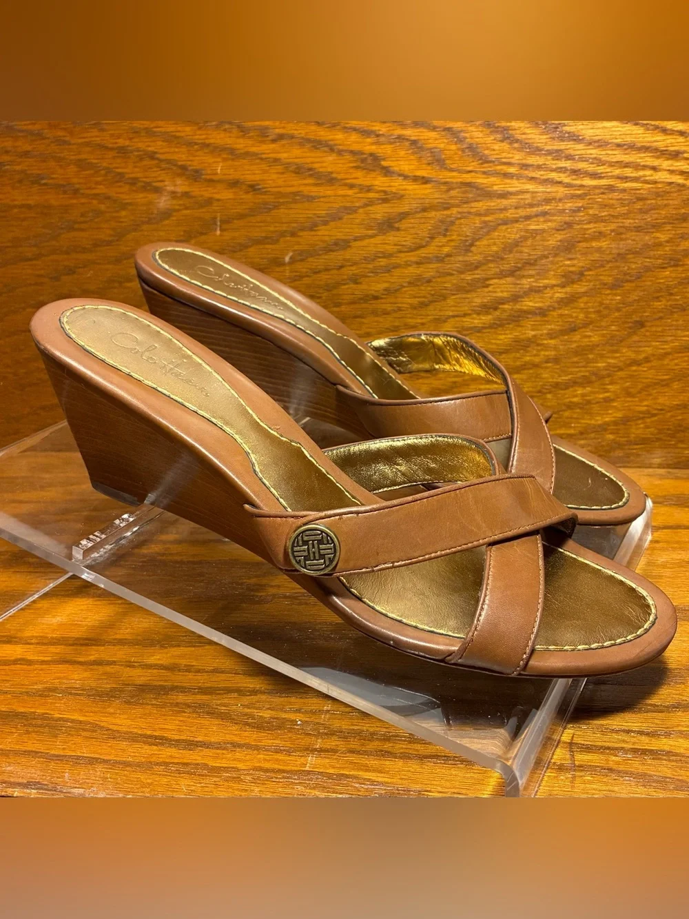 Y2K VTG Cole Haan Leather Cross Strap Medallion Wedge Slide Sandals Tan Sz 7